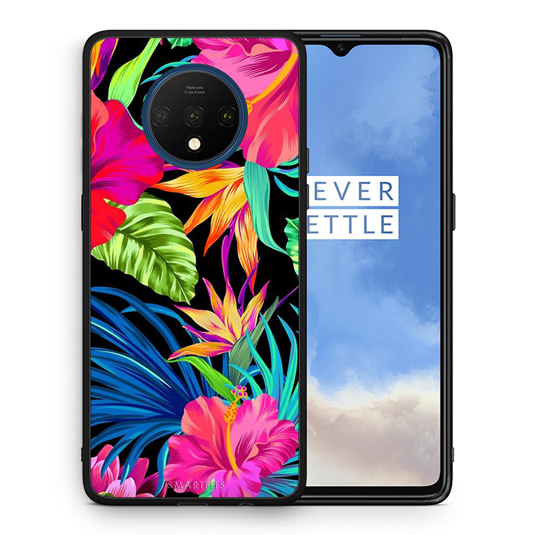 Θήκη OnePlus 7T Tropical Flowers από τη Smartfits με σχέδιο στο πίσω μέρος και μαύρο περίβλημα | OnePlus 7T Tropical Flowers case with colorful back and black bezels