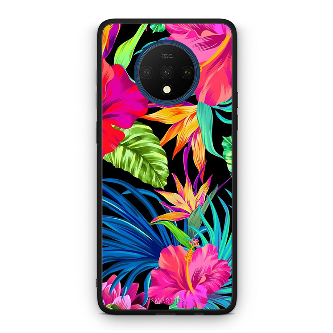 OnePlus 7T Tropical Flowers θήκη από τη Smartfits με σχέδιο στο πίσω μέρος και μαύρο περίβλημα | Smartphone case with colorful back and black bezels by Smartfits