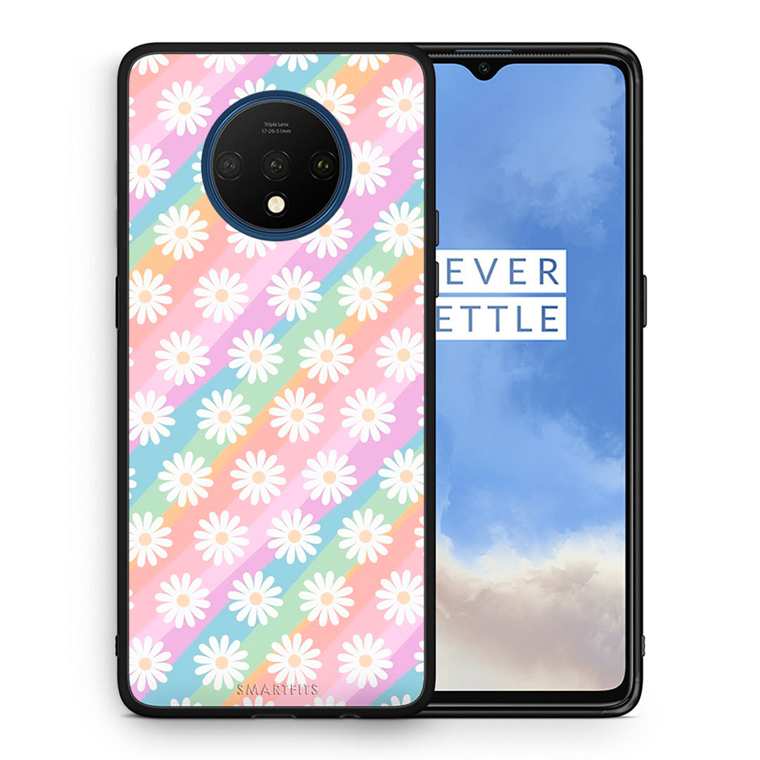 Θήκη OnePlus 7T White Daisies από τη Smartfits με σχέδιο στο πίσω μέρος και μαύρο περίβλημα | OnePlus 7T White Daisies case with colorful back and black bezels