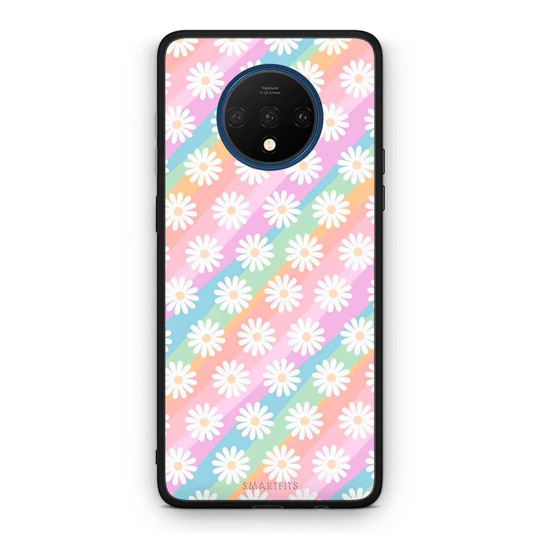 OnePlus 7T White Daisies θήκη από τη Smartfits με σχέδιο στο πίσω μέρος και μαύρο περίβλημα | Smartphone case with colorful back and black bezels by Smartfits