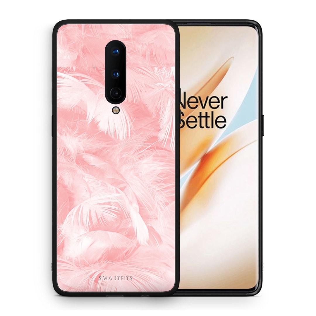 Θήκη OnePlus 8 Pink Feather Boho από τη Smartfits με σχέδιο στο πίσω μέρος και μαύρο περίβλημα | OnePlus 8 Pink Feather Boho case with colorful back and black bezels