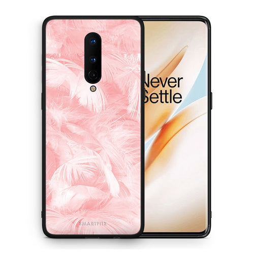 Θήκη OnePlus 8 Pink Feather Boho από τη Smartfits με σχέδιο στο πίσω μέρος και μαύρο περίβλημα | OnePlus 8 Pink Feather Boho case with colorful back and black bezels
