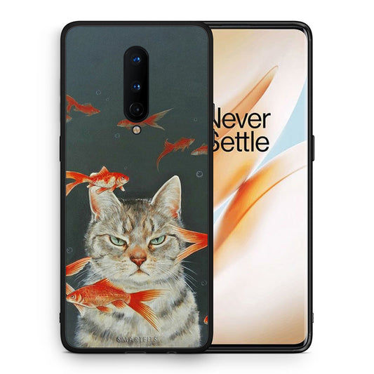 Θήκη OnePlus 8 Cat Goldfish από τη Smartfits με σχέδιο στο πίσω μέρος και μαύρο περίβλημα | OnePlus 8 Cat Goldfish case with colorful back and black bezels