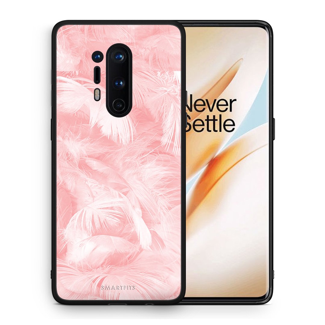 Θήκη OnePlus 8 Pro Pink Feather Boho από τη Smartfits με σχέδιο στο πίσω μέρος και μαύρο περίβλημα | OnePlus 8 Pro Pink Feather Boho case with colorful back and black bezels