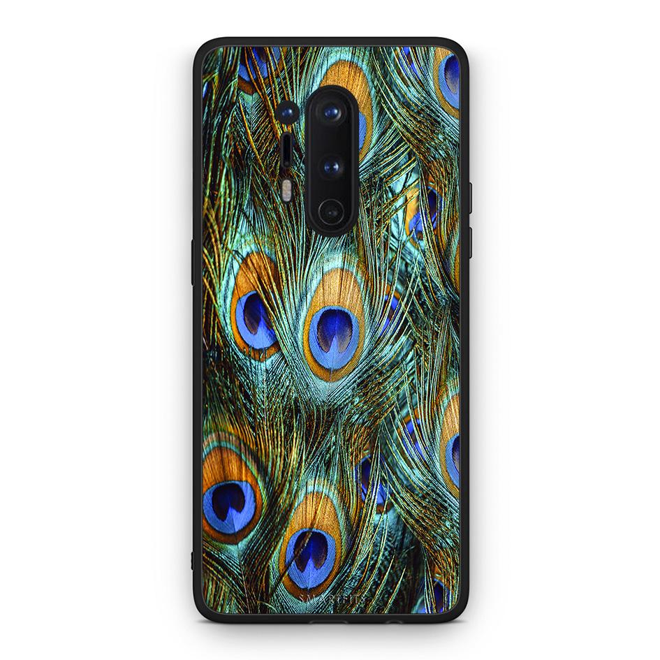 OnePlus 8 Pro Real Peacock Feathers θήκη από τη Smartfits με σχέδιο στο πίσω μέρος και μαύρο περίβλημα | Smartphone case with colorful back and black bezels by Smartfits