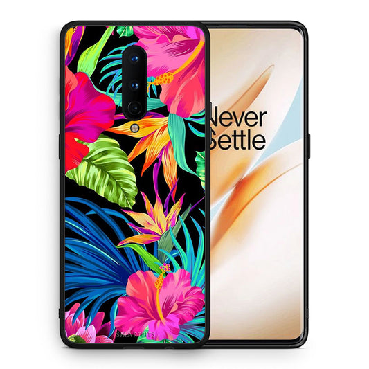 Θήκη OnePlus 8 Tropical Flowers από τη Smartfits με σχέδιο στο πίσω μέρος και μαύρο περίβλημα | OnePlus 8 Tropical Flowers case with colorful back and black bezels