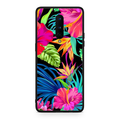 OnePlus 8 Tropical Flowers θήκη από τη Smartfits με σχέδιο στο πίσω μέρος και μαύρο περίβλημα | Smartphone case with colorful back and black bezels by Smartfits