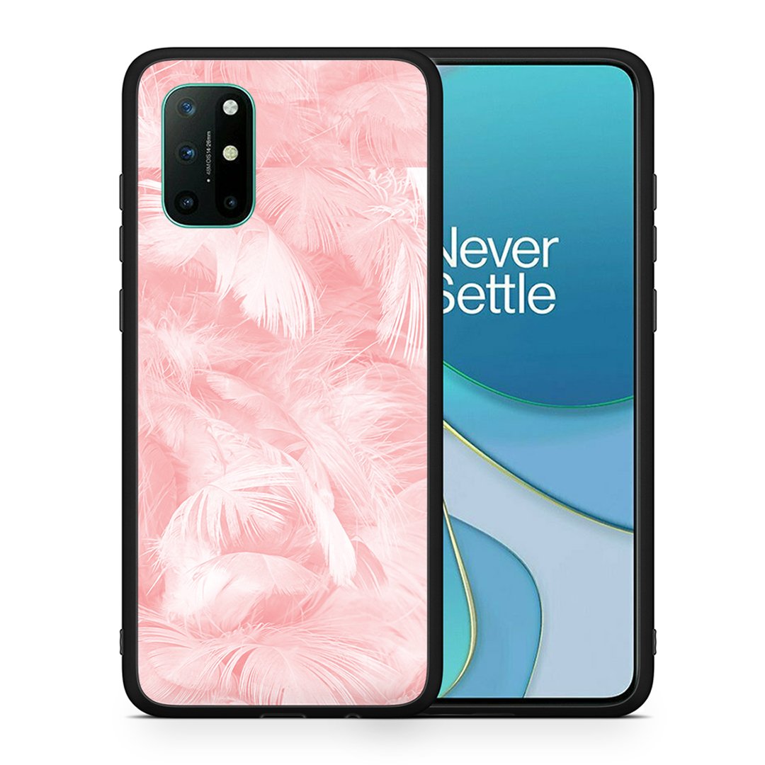 Θήκη OnePlus 8T Pink Feather Boho από τη Smartfits με σχέδιο στο πίσω μέρος και μαύρο περίβλημα | OnePlus 8T Pink Feather Boho case with colorful back and black bezels