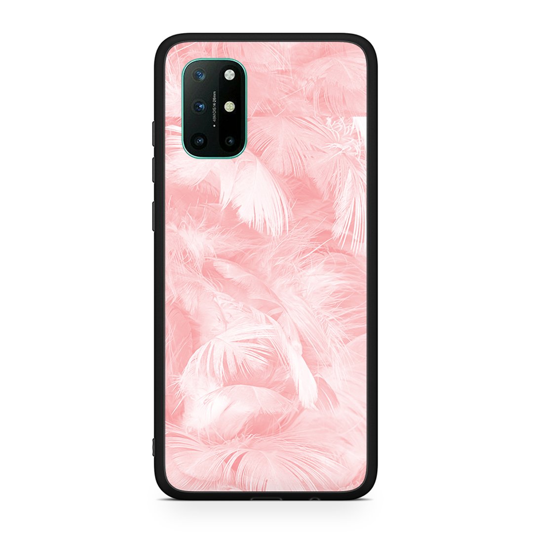 OnePlus 8T Pink Feather Boho θήκη από τη Smartfits με σχέδιο στο πίσω μέρος και μαύρο περίβλημα | Smartphone case with colorful back and black bezels by Smartfits