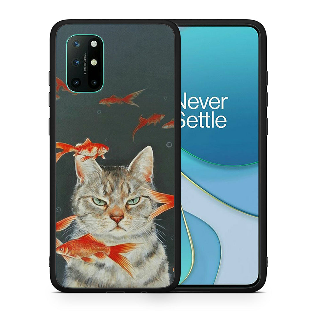 Θήκη OnePlus 8T Cat Goldfish από τη Smartfits με σχέδιο στο πίσω μέρος και μαύρο περίβλημα | OnePlus 8T Cat Goldfish case with colorful back and black bezels