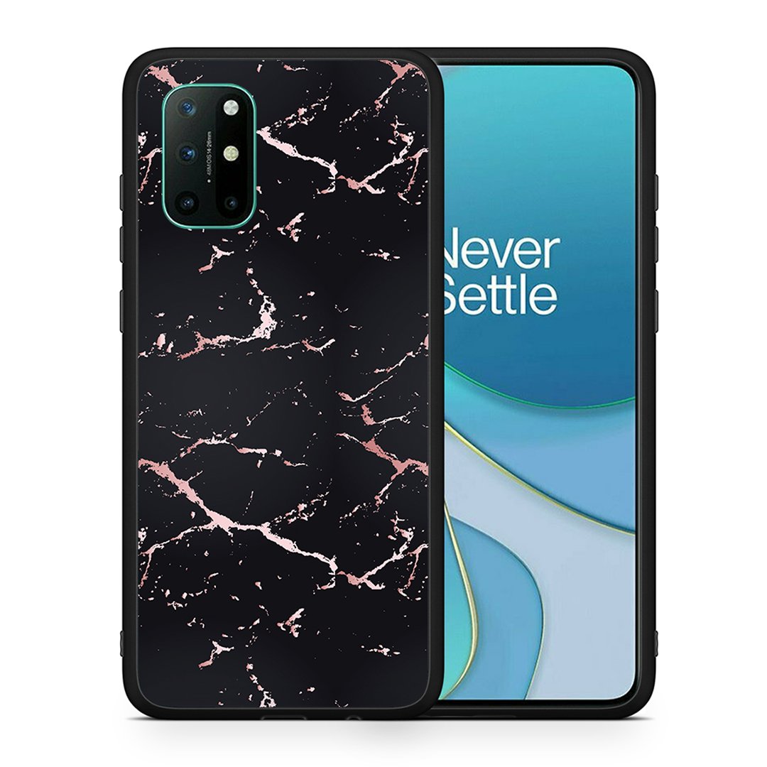 Θήκη OnePlus 8T Black Rosegold Marble από τη Smartfits με σχέδιο στο πίσω μέρος και μαύρο περίβλημα | OnePlus 8T Black Rosegold Marble case with colorful back and black bezels