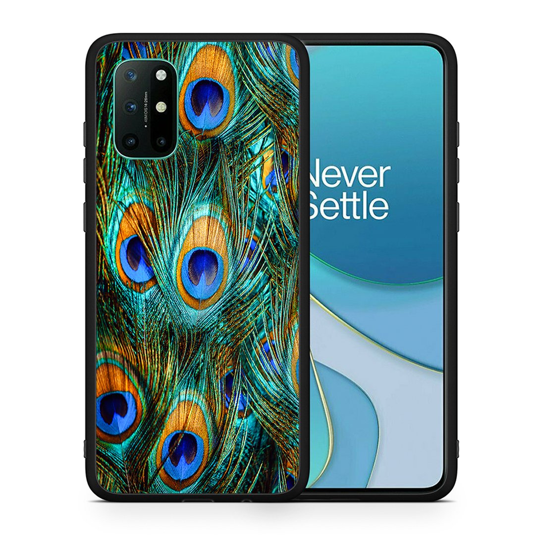 Θήκη OnePlus 8T Real Peacock Feathers από τη Smartfits με σχέδιο στο πίσω μέρος και μαύρο περίβλημα | OnePlus 8T Real Peacock Feathers case with colorful back and black bezels