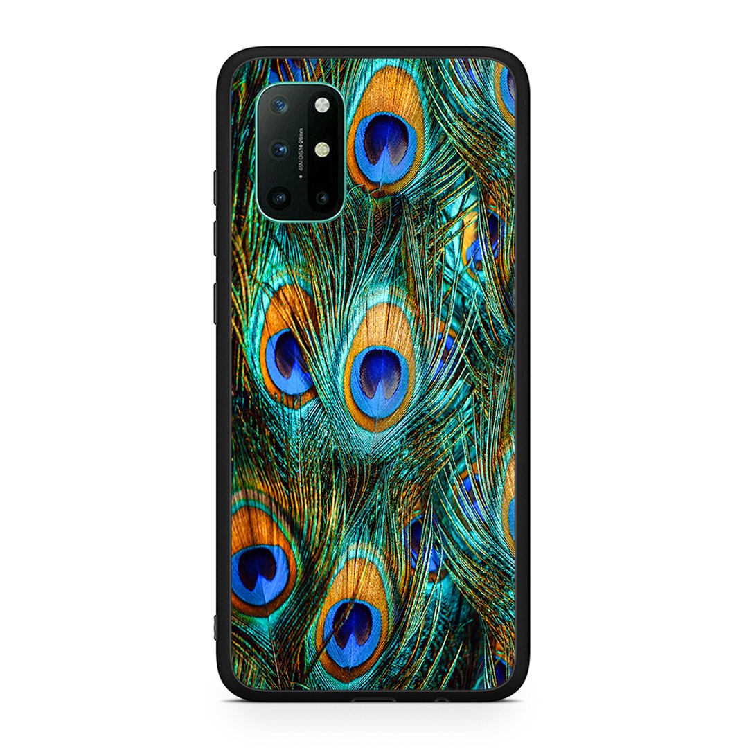 OnePlus 8T Real Peacock Feathers θήκη από τη Smartfits με σχέδιο στο πίσω μέρος και μαύρο περίβλημα | Smartphone case with colorful back and black bezels by Smartfits