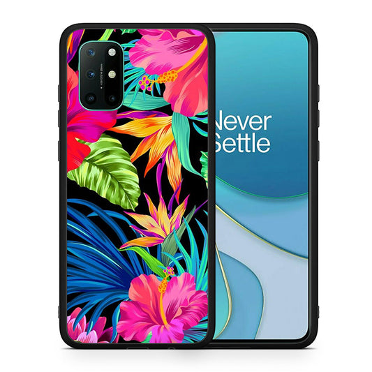 Θήκη OnePlus 8T Tropical Flowers από τη Smartfits με σχέδιο στο πίσω μέρος και μαύρο περίβλημα | OnePlus 8T Tropical Flowers case with colorful back and black bezels
