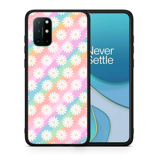 Θήκη OnePlus 8T White Daisies από τη Smartfits με σχέδιο στο πίσω μέρος και μαύρο περίβλημα | OnePlus 8T White Daisies case with colorful back and black bezels