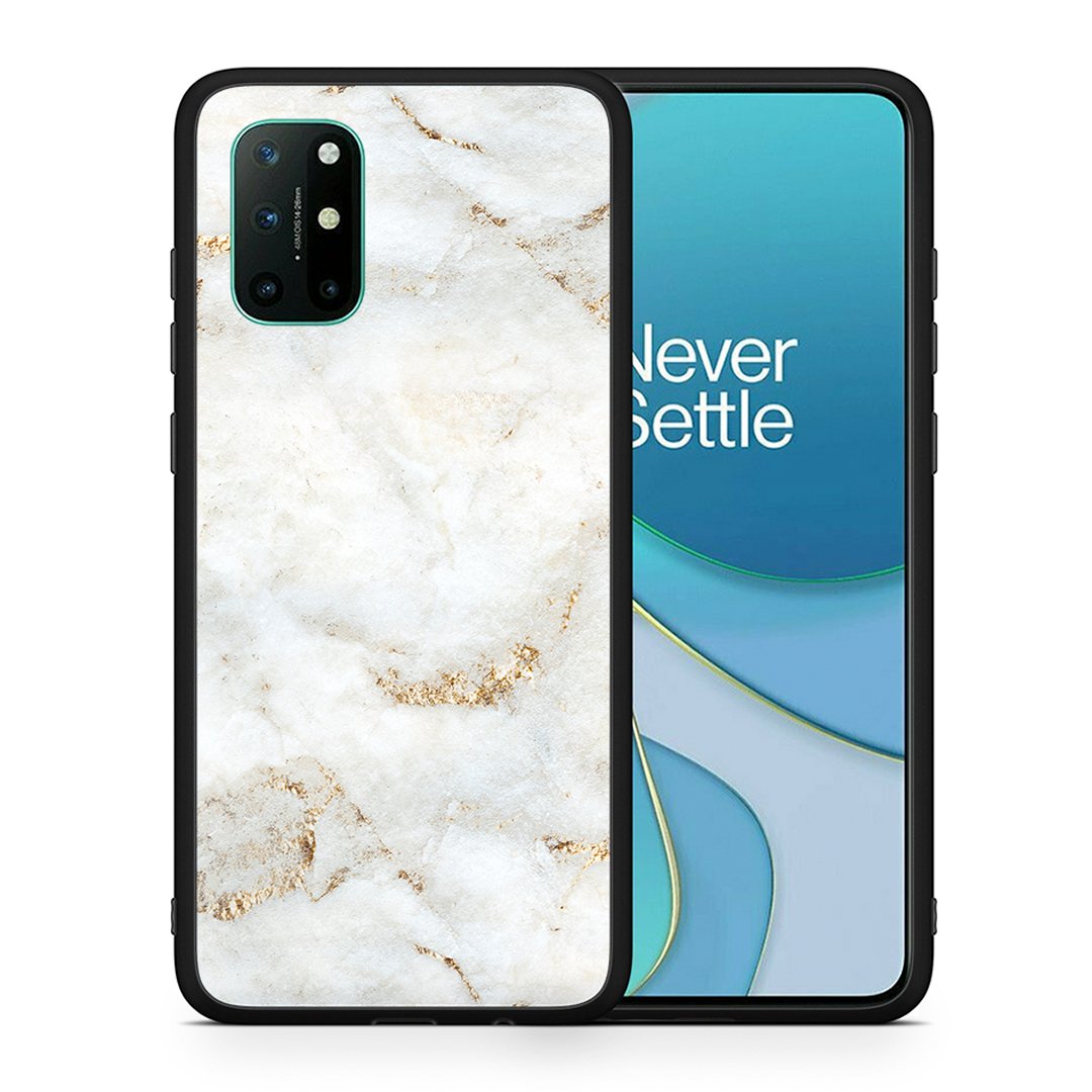 Θήκη OnePlus 8T White Gold Marble από τη Smartfits με σχέδιο στο πίσω μέρος και μαύρο περίβλημα | OnePlus 8T White Gold Marble case with colorful back and black bezels