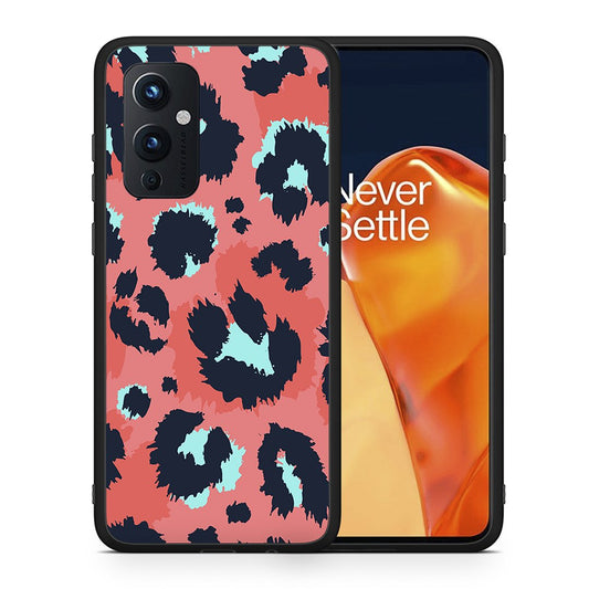 Θήκη OnePlus 9 Pink Leopard Animal από τη Smartfits με σχέδιο στο πίσω μέρος και μαύρο περίβλημα | OnePlus 9 Pink Leopard Animal case with colorful back and black bezels