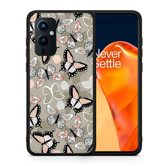 Θήκη OnePlus 9 Butterflies Boho από τη Smartfits με σχέδιο στο πίσω μέρος και μαύρο περίβλημα | OnePlus 9 Butterflies Boho case with colorful back and black bezels