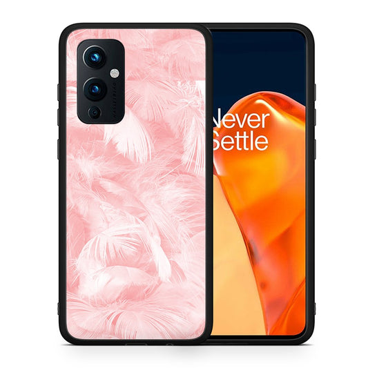 Θήκη OnePlus 9 Pink Feather Boho από τη Smartfits με σχέδιο στο πίσω μέρος και μαύρο περίβλημα | OnePlus 9 Pink Feather Boho case with colorful back and black bezels