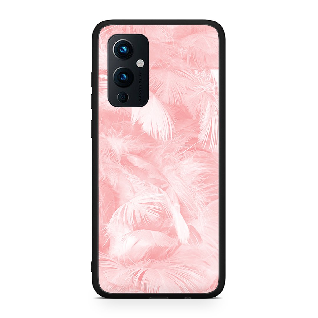 OnePlus 9 Pink Feather Boho θήκη από τη Smartfits με σχέδιο στο πίσω μέρος και μαύρο περίβλημα | Smartphone case with colorful back and black bezels by Smartfits