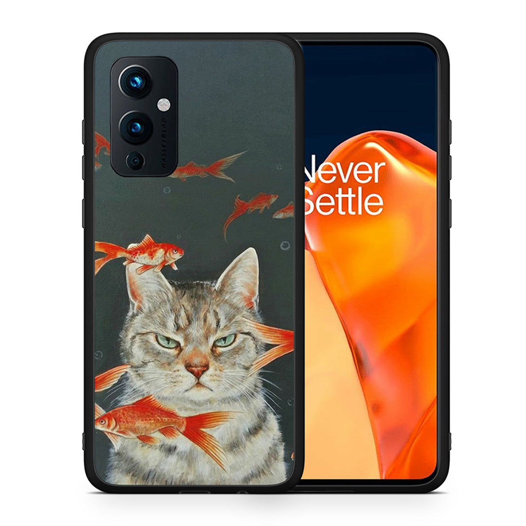 Θήκη OnePlus 9 Cat Goldfish από τη Smartfits με σχέδιο στο πίσω μέρος και μαύρο περίβλημα | OnePlus 9 Cat Goldfish case with colorful back and black bezels