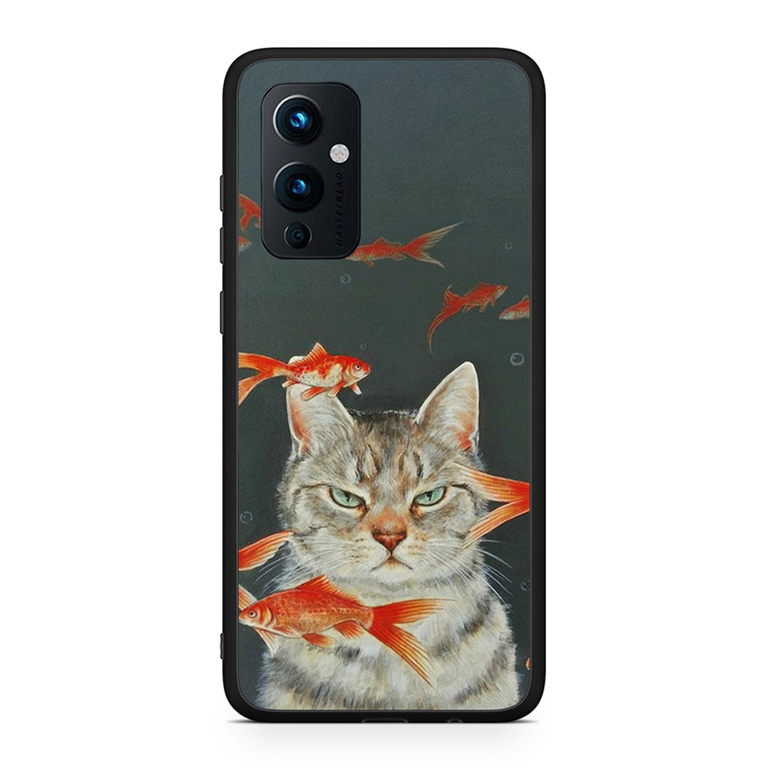 OnePlus 9 Cat Goldfish θήκη από τη Smartfits με σχέδιο στο πίσω μέρος και μαύρο περίβλημα | Smartphone case with colorful back and black bezels by Smartfits