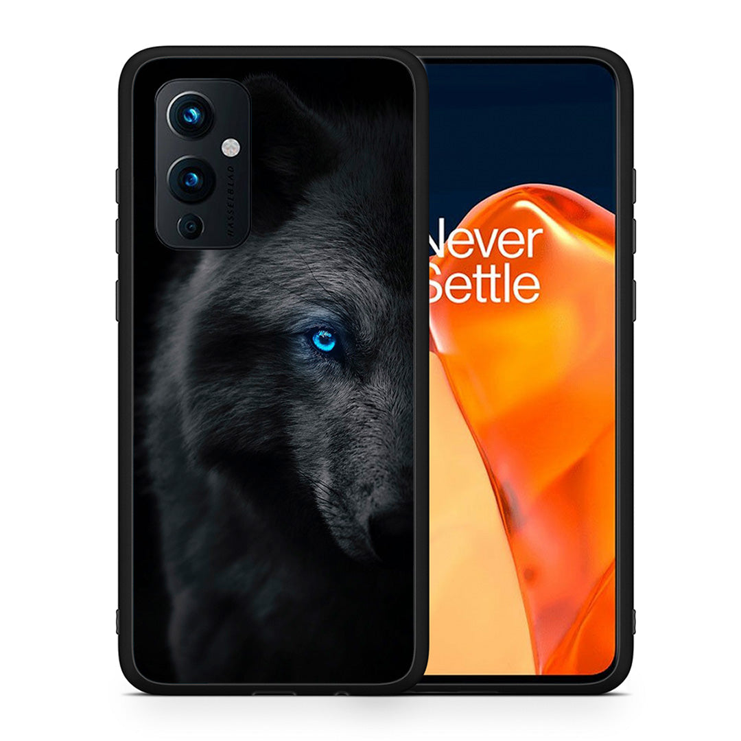 Θήκη OnePlus 9 Dark Wolf από τη Smartfits με σχέδιο στο πίσω μέρος και μαύρο περίβλημα | OnePlus 9 Dark Wolf case with colorful back and black bezels