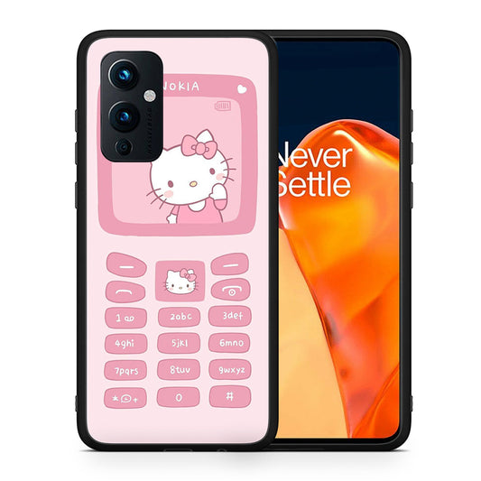 Θήκη Αγίου Βαλεντίνου OnePlus 9 Hello Kitten από τη Smartfits με σχέδιο στο πίσω μέρος και μαύρο περίβλημα | OnePlus 9 Hello Kitten case with colorful back and black bezels