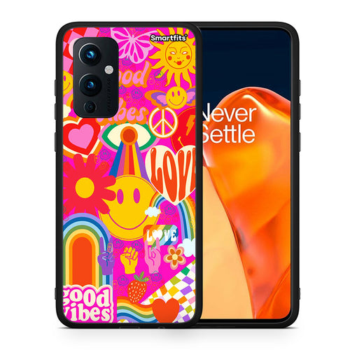 Θήκη OnePlus 9 Hippie Love από τη Smartfits με σχέδιο στο πίσω μέρος και μαύρο περίβλημα | OnePlus 9 Hippie Love case with colorful back and black bezels