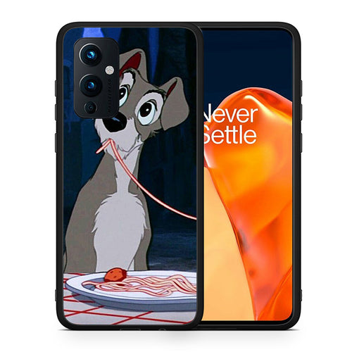 Θήκη Αγίου Βαλεντίνου OnePlus 9 Lady And Tramp 1 από τη Smartfits με σχέδιο στο πίσω μέρος και μαύρο περίβλημα | OnePlus 9 Lady And Tramp 1 case with colorful back and black bezels