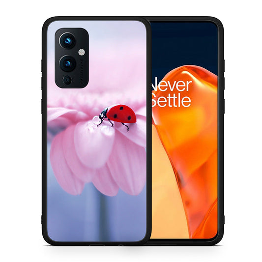 Θήκη OnePlus 9 Ladybug Flower από τη Smartfits με σχέδιο στο πίσω μέρος και μαύρο περίβλημα | OnePlus 9 Ladybug Flower case with colorful back and black bezels
