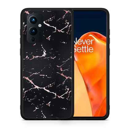 Θήκη OnePlus 9 Black Rosegold Marble από τη Smartfits με σχέδιο στο πίσω μέρος και μαύρο περίβλημα | OnePlus 9 Black Rosegold Marble case with colorful back and black bezels