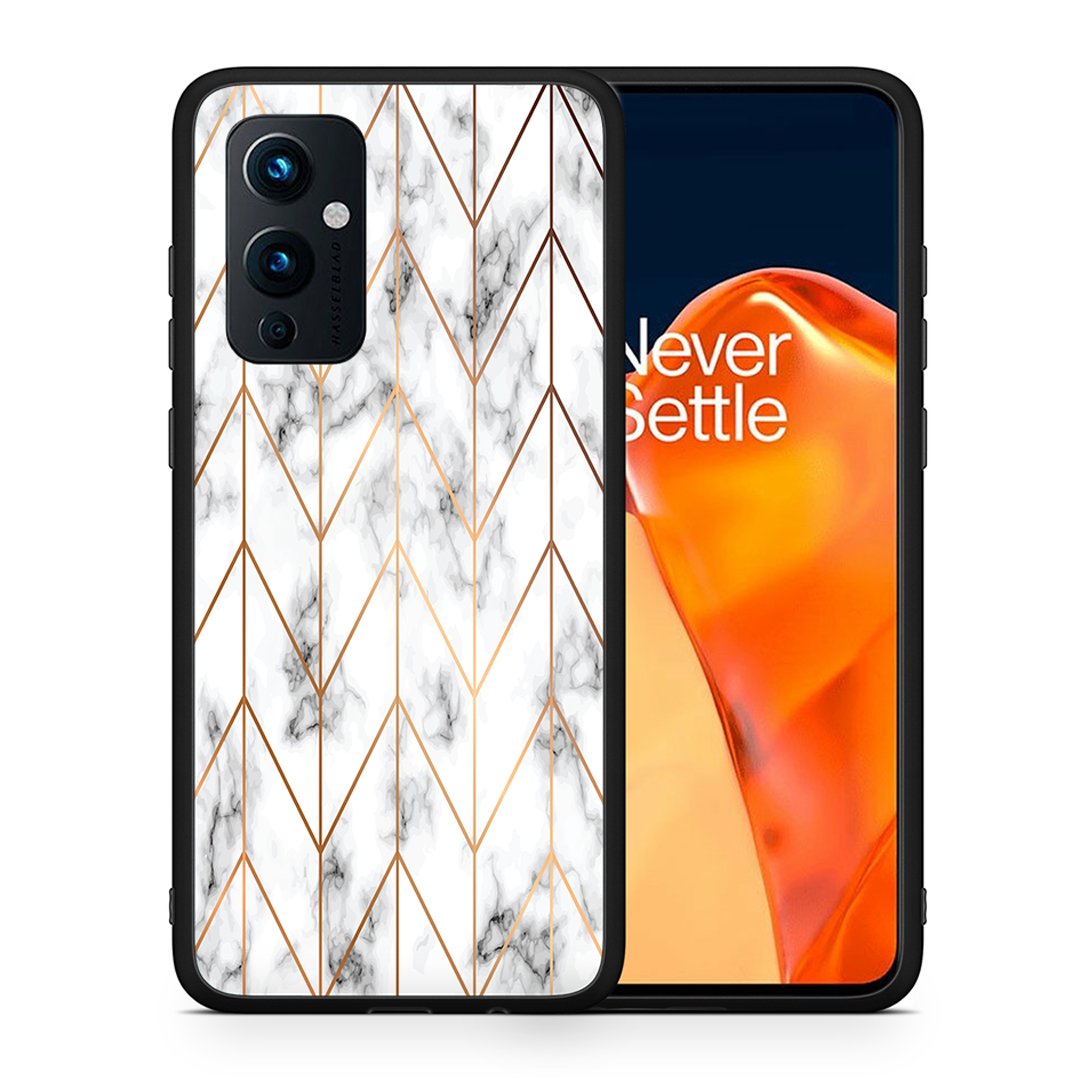 Θήκη OnePlus 9 Gold Geometric Marble από τη Smartfits με σχέδιο στο πίσω μέρος και μαύρο περίβλημα | OnePlus 9 Gold Geometric Marble case with colorful back and black bezels