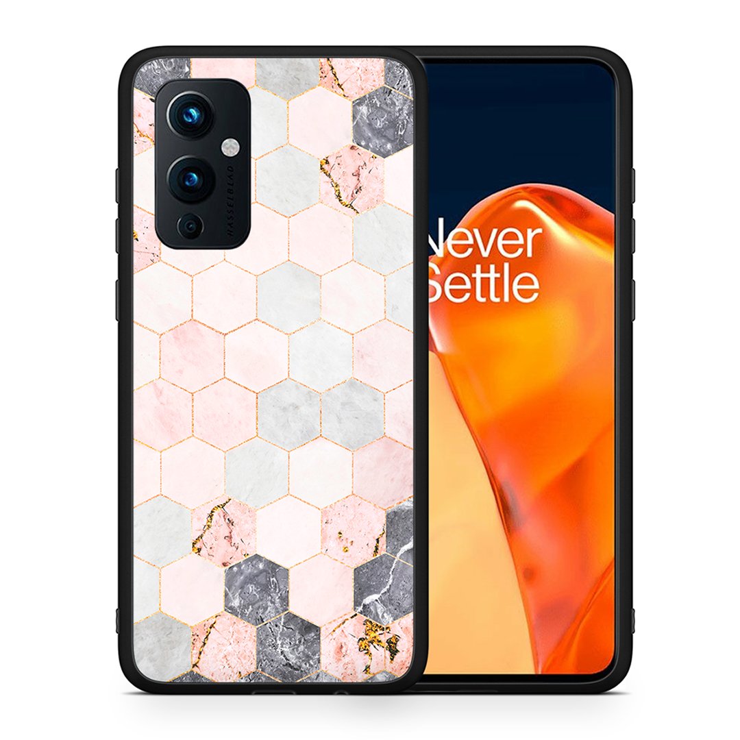 Θήκη OnePlus 9 Hexagon Pink Marble από τη Smartfits με σχέδιο στο πίσω μέρος και μαύρο περίβλημα | OnePlus 9 Hexagon Pink Marble case with colorful back and black bezels