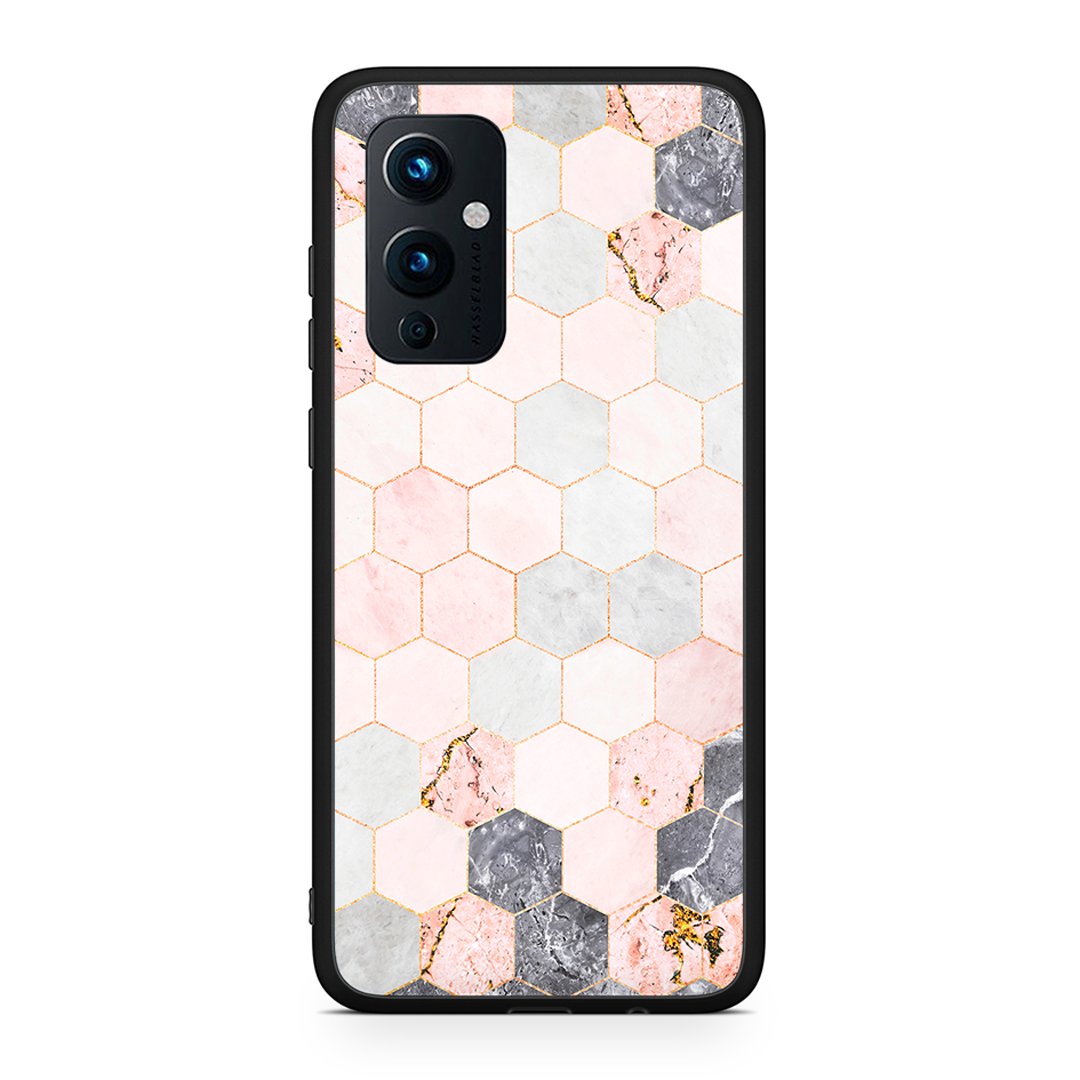 OnePlus 9 Hexagon Pink Marble θήκη από τη Smartfits με σχέδιο στο πίσω μέρος και μαύρο περίβλημα | Smartphone case with colorful back and black bezels by Smartfits
