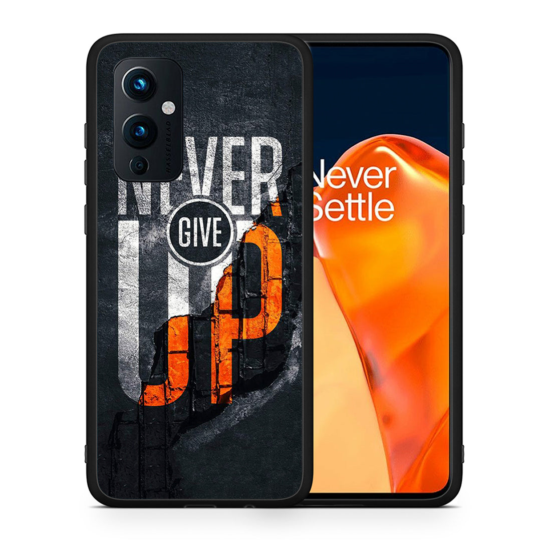 Θήκη Αγίου Βαλεντίνου OnePlus 9 Never Give Up από τη Smartfits με σχέδιο στο πίσω μέρος και μαύρο περίβλημα | OnePlus 9 Never Give Up case with colorful back and black bezels