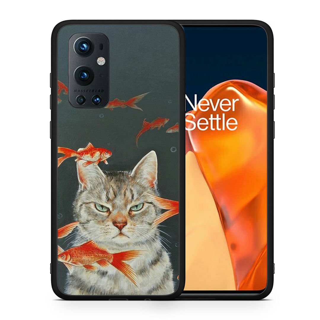 Θήκη OnePlus 9 Pro Cat Goldfish από τη Smartfits με σχέδιο στο πίσω μέρος και μαύρο περίβλημα | OnePlus 9 Pro Cat Goldfish case with colorful back and black bezels