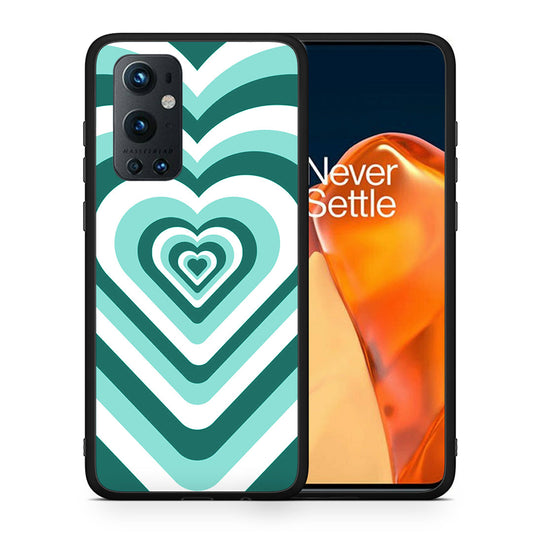 Θήκη OnePlus 9 Pro Green Hearts από τη Smartfits με σχέδιο στο πίσω μέρος και μαύρο περίβλημα | OnePlus 9 Pro Green Hearts case with colorful back and black bezels