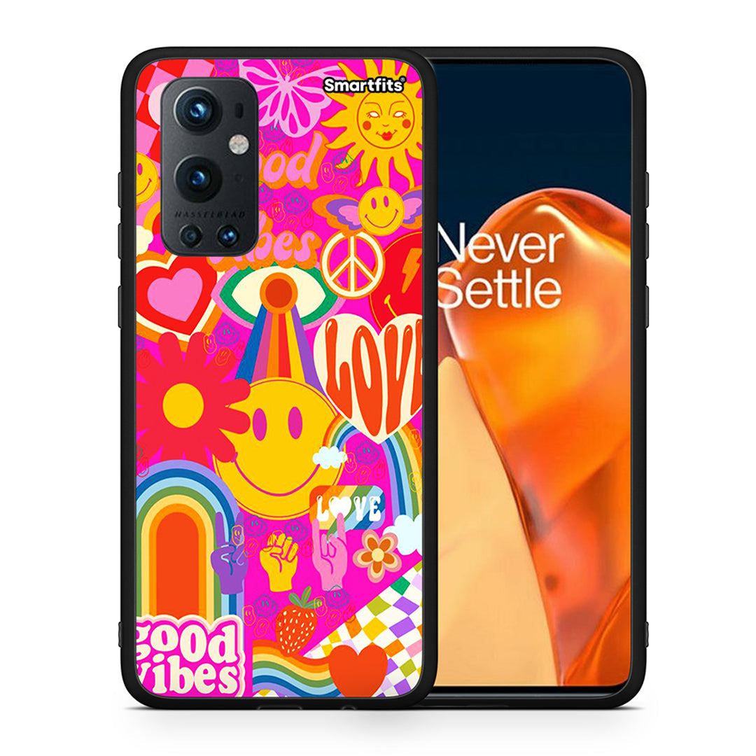 Θήκη OnePlus 9 Pro Hippie Love από τη Smartfits με σχέδιο στο πίσω μέρος και μαύρο περίβλημα | OnePlus 9 Pro Hippie Love case with colorful back and black bezels