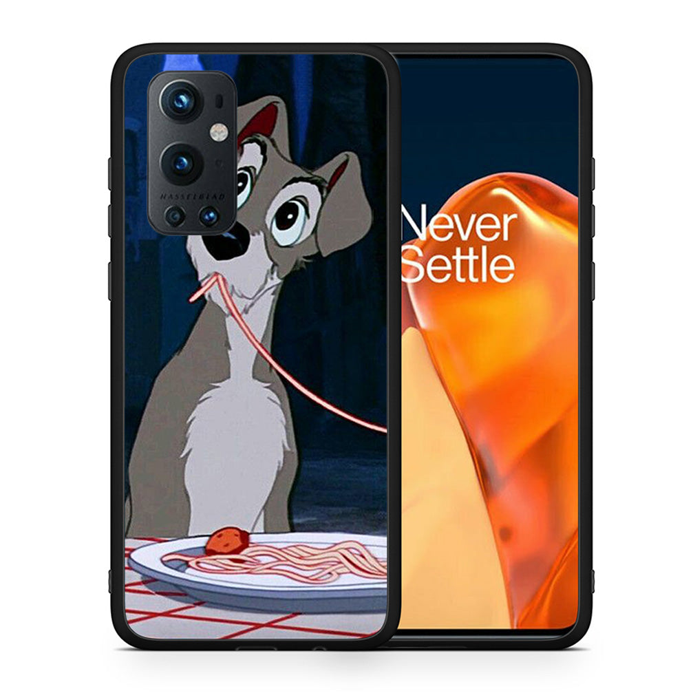 Θήκη Αγίου Βαλεντίνου OnePlus 9 Pro Lady And Tramp 1 από τη Smartfits με σχέδιο στο πίσω μέρος και μαύρο περίβλημα | OnePlus 9 Pro Lady And Tramp 1 case with colorful back and black bezels