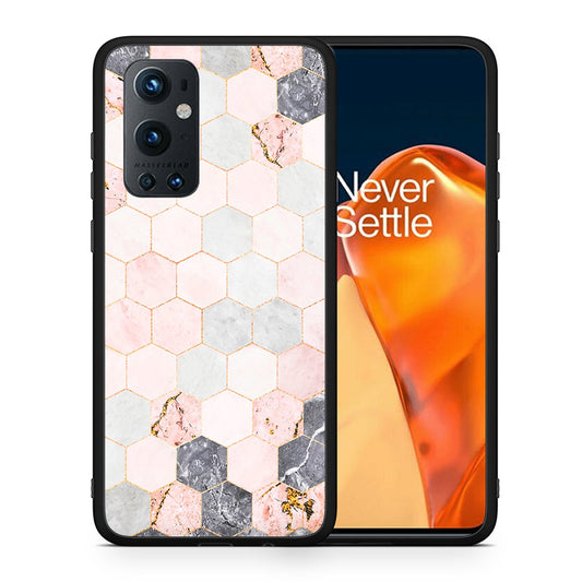Θήκη OnePlus 9 Pro Hexagon Pink Marble από τη Smartfits με σχέδιο στο πίσω μέρος και μαύρο περίβλημα | OnePlus 9 Pro Hexagon Pink Marble case with colorful back and black bezels