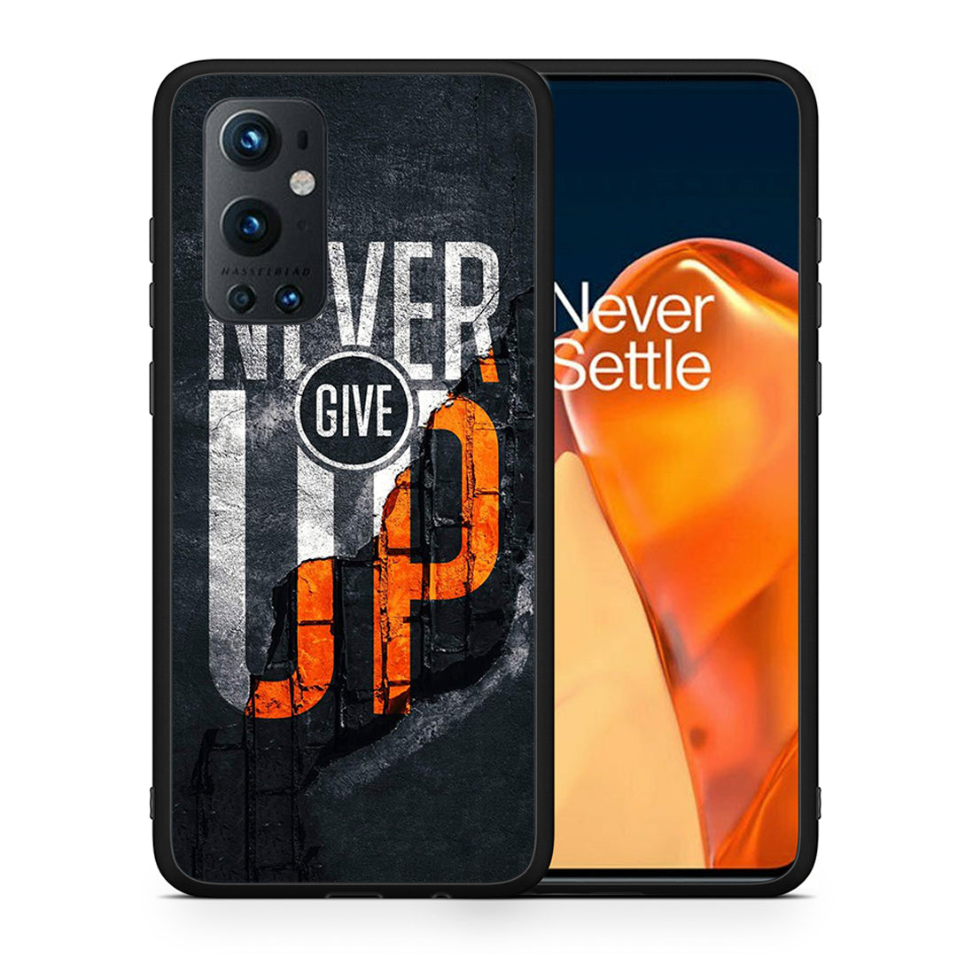 Θήκη Αγίου Βαλεντίνου OnePlus 9 Pro Never Give Up από τη Smartfits με σχέδιο στο πίσω μέρος και μαύρο περίβλημα | OnePlus 9 Pro Never Give Up case with colorful back and black bezels