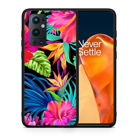 Θήκη OnePlus 9 Pro Tropical Flowers από τη Smartfits με σχέδιο στο πίσω μέρος και μαύρο περίβλημα | OnePlus 9 Pro Tropical Flowers case with colorful back and black bezels