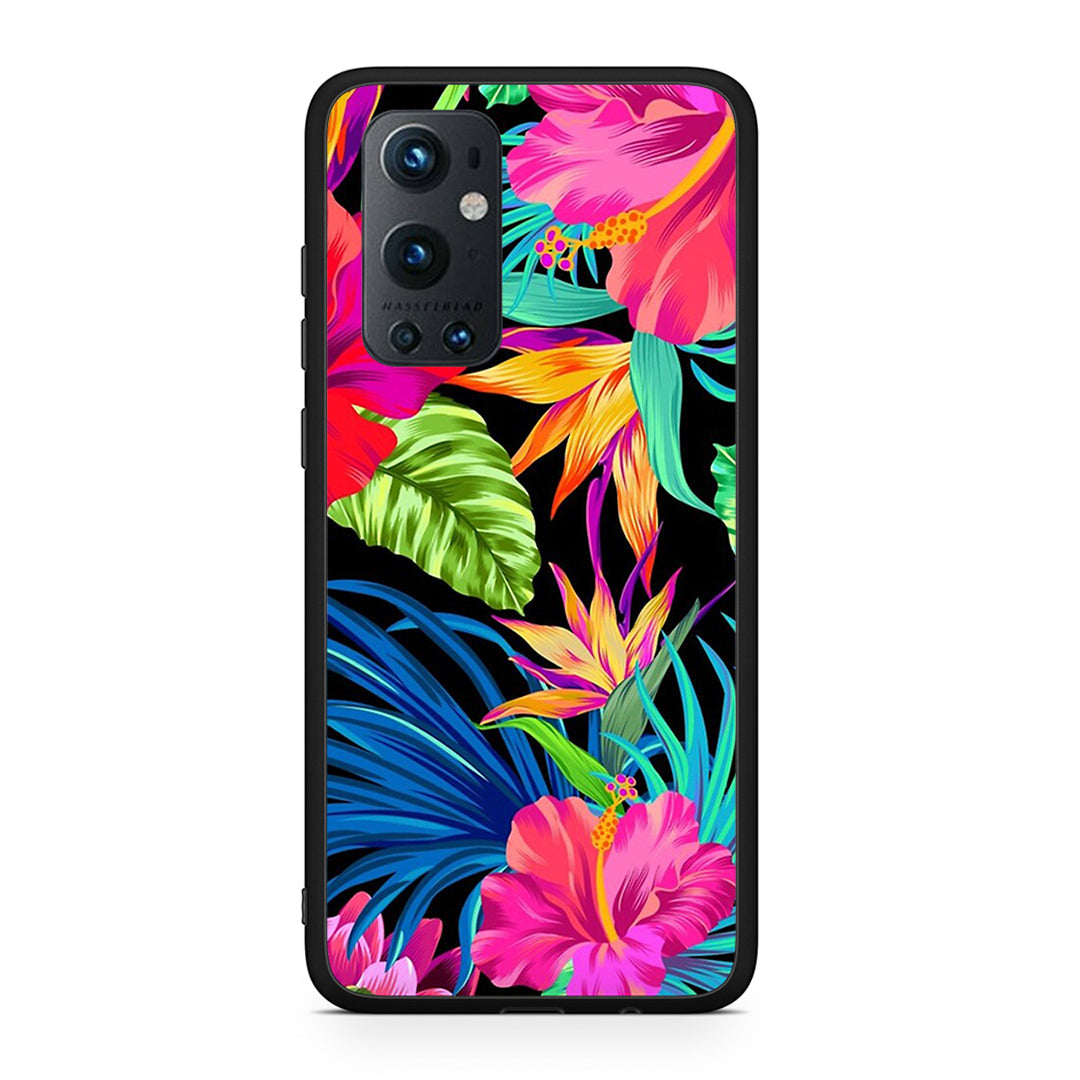 OnePlus 9 Pro Tropical Flowers θήκη από τη Smartfits με σχέδιο στο πίσω μέρος και μαύρο περίβλημα | Smartphone case with colorful back and black bezels by Smartfits