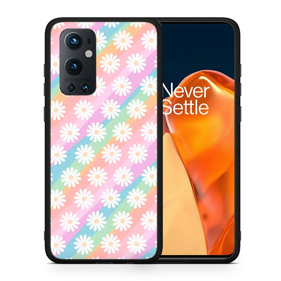 Θήκη OnePlus 9 Pro White Daisies από τη Smartfits με σχέδιο στο πίσω μέρος και μαύρο περίβλημα | OnePlus 9 Pro White Daisies case with colorful back and black bezels