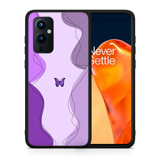 Θήκη Αγίου Βαλεντίνου OnePlus 9 Purple Mariposa από τη Smartfits με σχέδιο στο πίσω μέρος και μαύρο περίβλημα | OnePlus 9 Purple Mariposa case with colorful back and black bezels