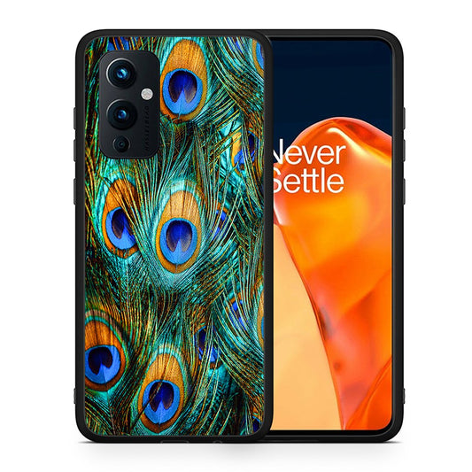 Θήκη OnePlus 9 Real Peacock Feathers από τη Smartfits με σχέδιο στο πίσω μέρος και μαύρο περίβλημα | OnePlus 9 Real Peacock Feathers case with colorful back and black bezels