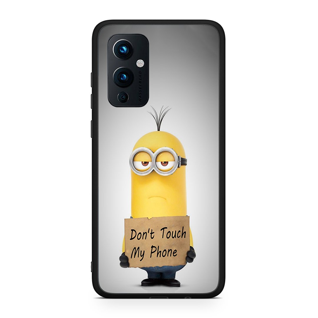 OnePlus 9 Minion Text θήκη από τη Smartfits με σχέδιο στο πίσω μέρος και μαύρο περίβλημα | Smartphone case with colorful back and black bezels by Smartfits