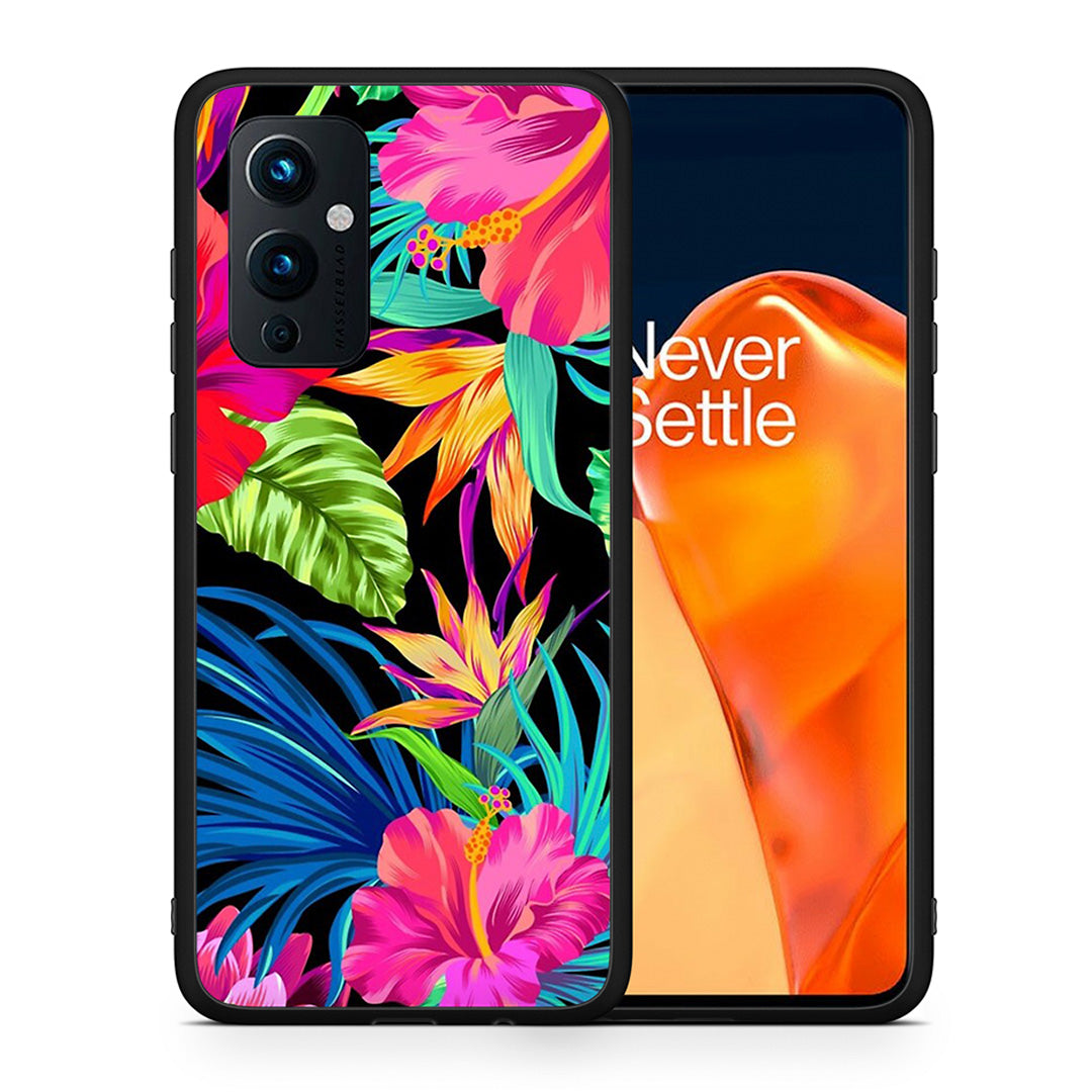 Θήκη OnePlus 9 Tropical Flowers από τη Smartfits με σχέδιο στο πίσω μέρος και μαύρο περίβλημα | OnePlus 9 Tropical Flowers case with colorful back and black bezels