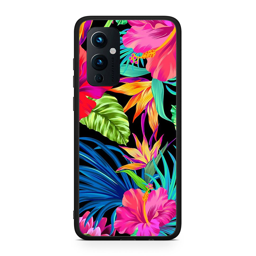 OnePlus 9 Tropical Flowers θήκη από τη Smartfits με σχέδιο στο πίσω μέρος και μαύρο περίβλημα | Smartphone case with colorful back and black bezels by Smartfits